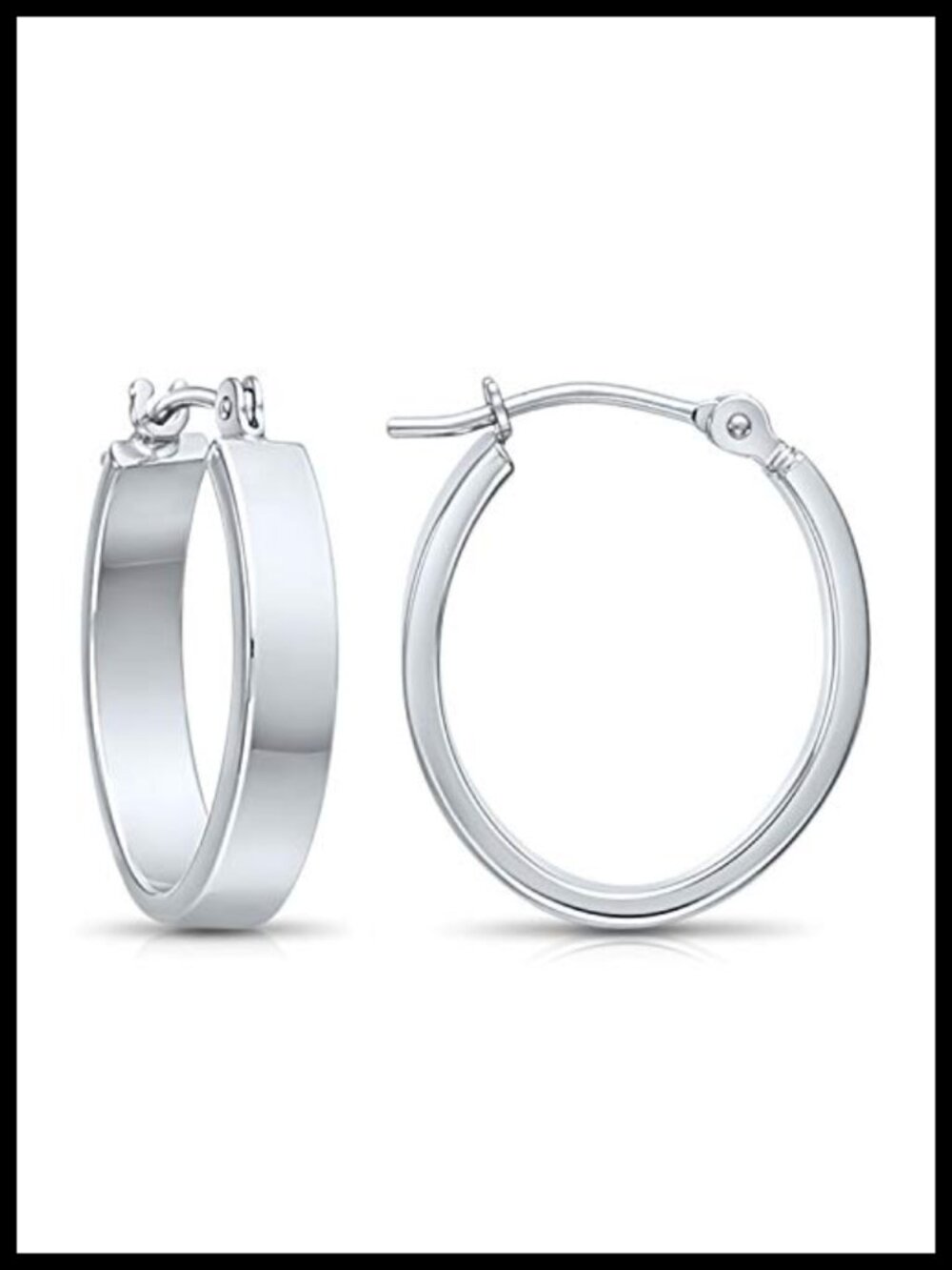14k White Gold Small Oval Flat Hoop Earrings 0.7" Click-Top